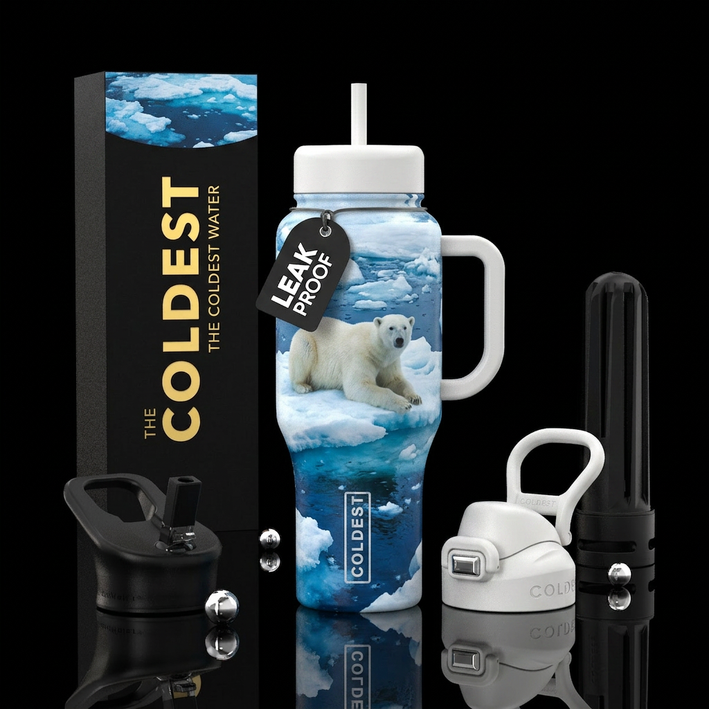 polar bear floating on water bottle design