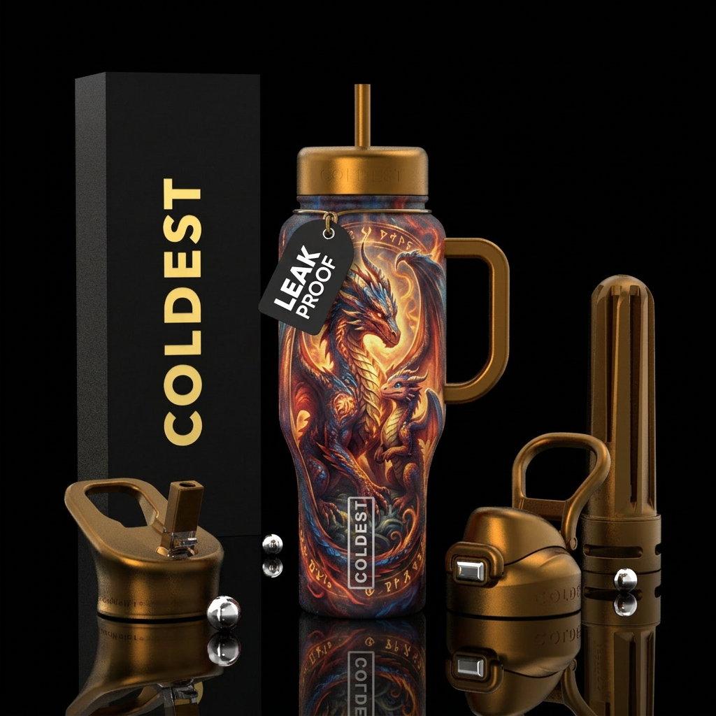 magic, wizard, dragon, swirls, firery, fantasy mot... water bottle design