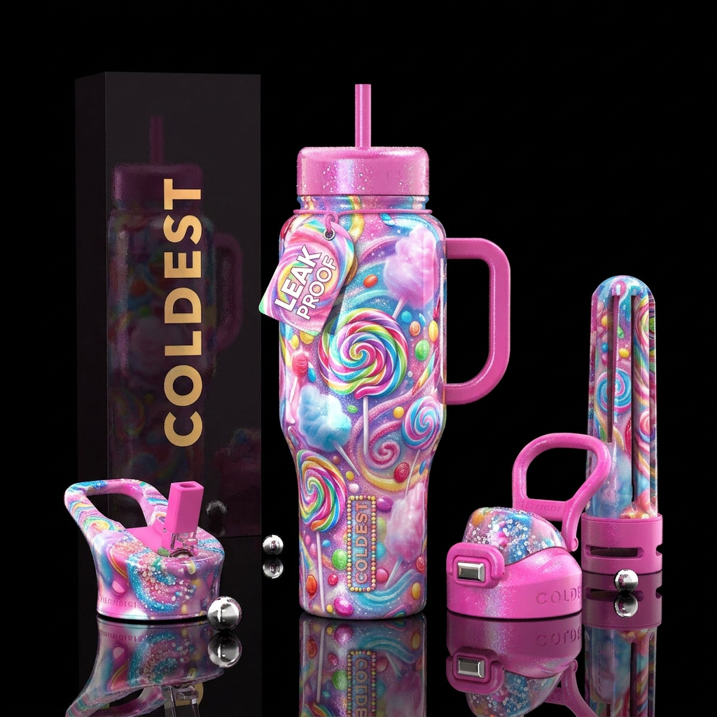 Lollipop land, cotton candy clouds, shimmer water bottle design