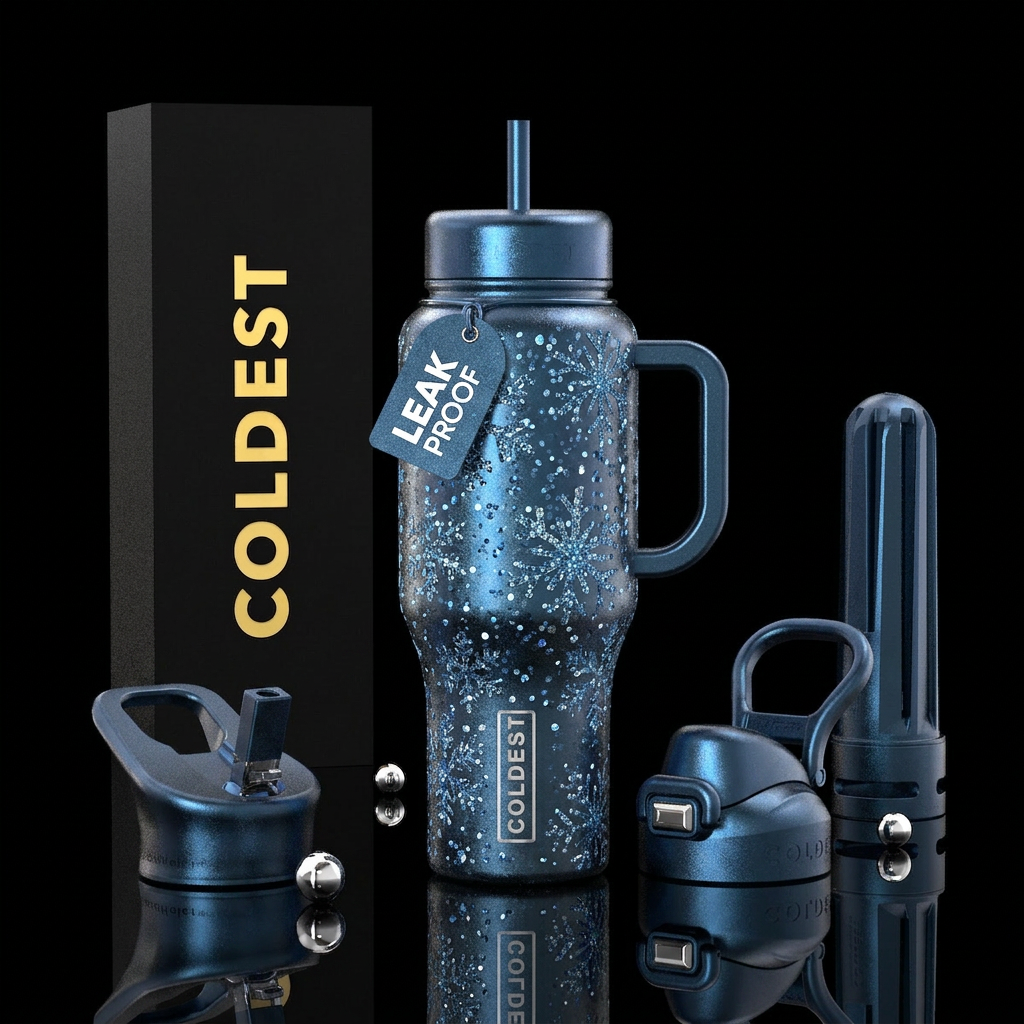 Dark artic blue, large glittery snow flakes water bottle design