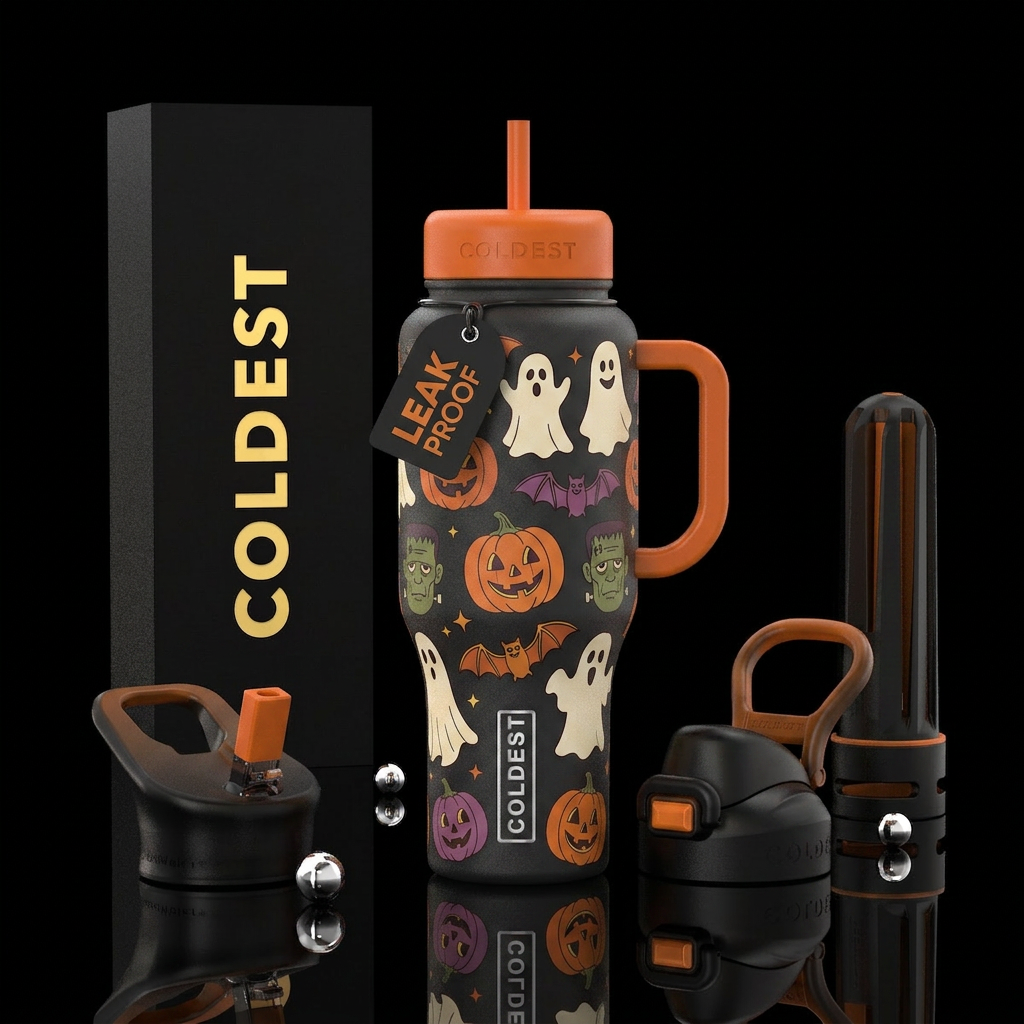 1970's Halloween characters water bottle design