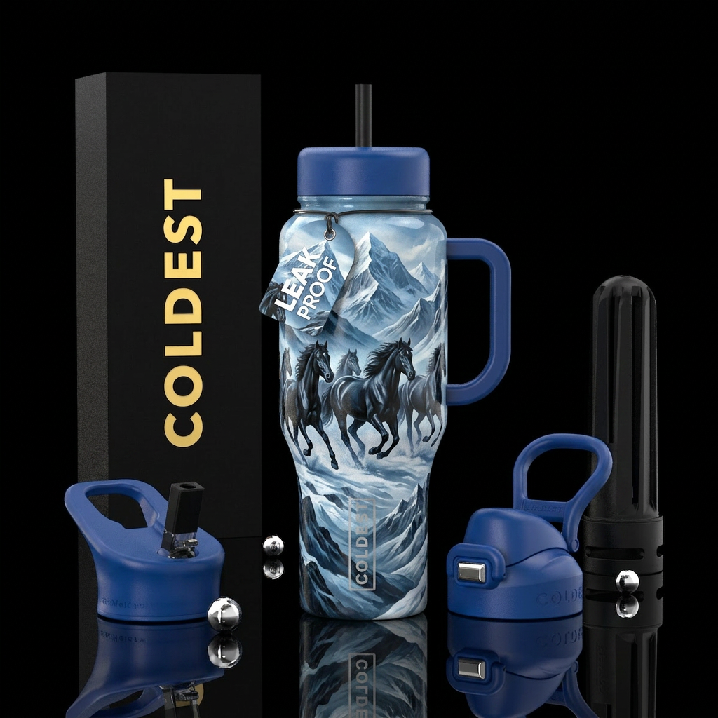 Herd of black mustangs, running, snow capped mount... water bottle design