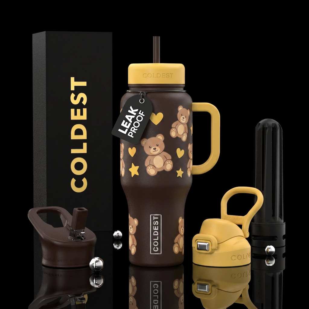 Light brown and dark brown teddy bears, yellow hea... water bottle design