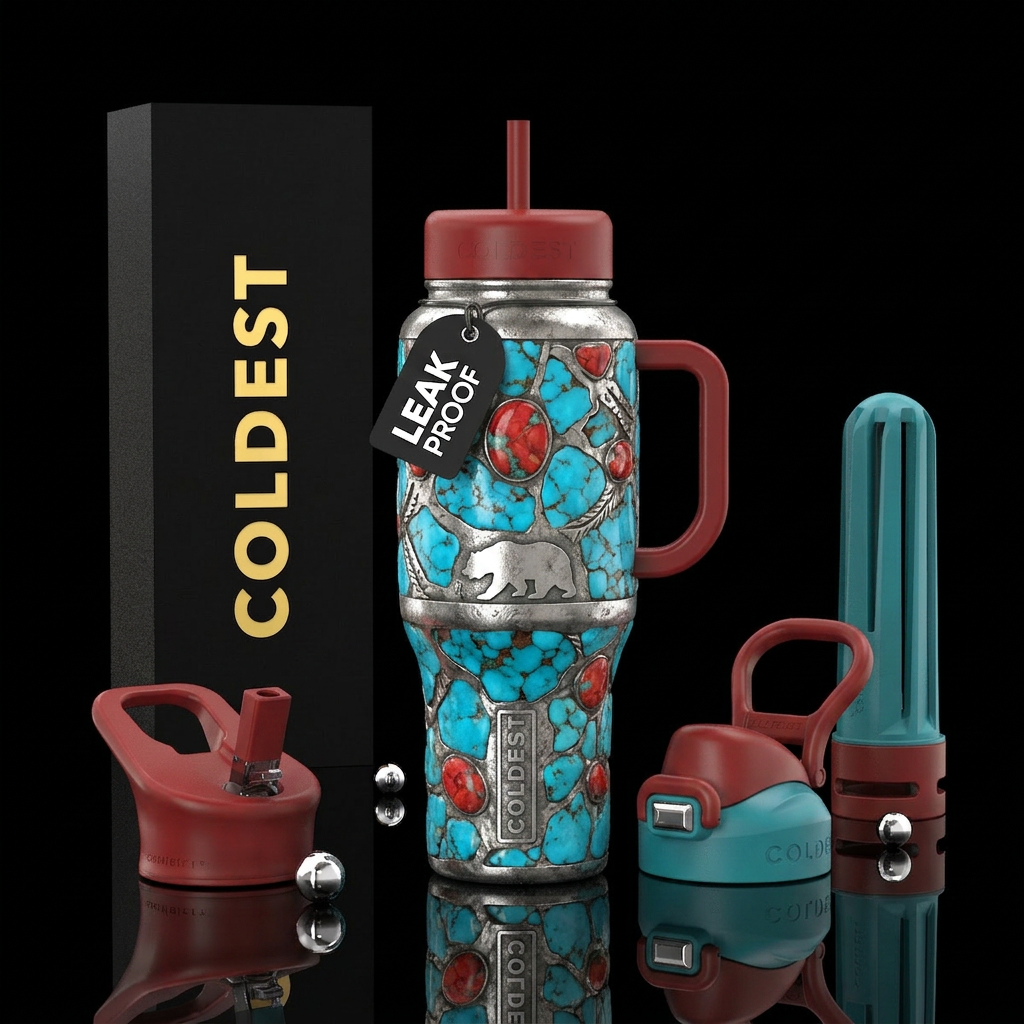 Real blue turquoise and red turquoise, embedded in... water bottle design