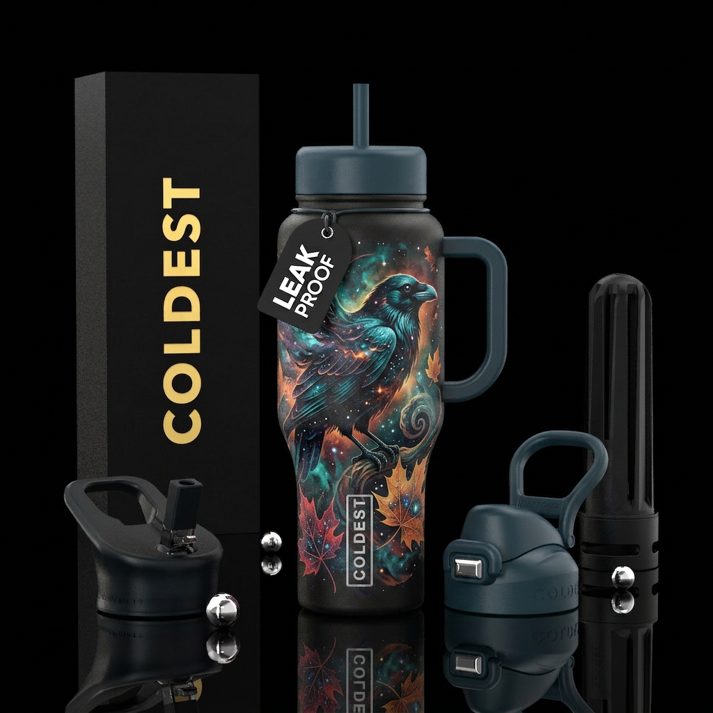 cosmic horror, raven, autumn leaves water bottle design