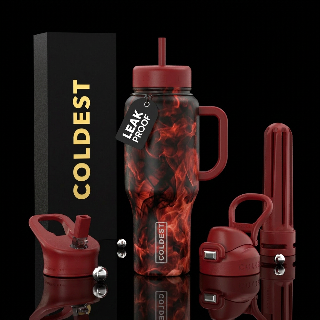 smoke, firery red black swirl water bottle design