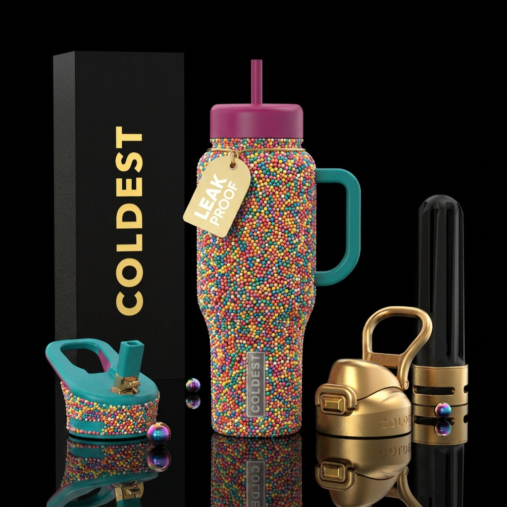 Rainbow sprinkles small bead like. water bottle design