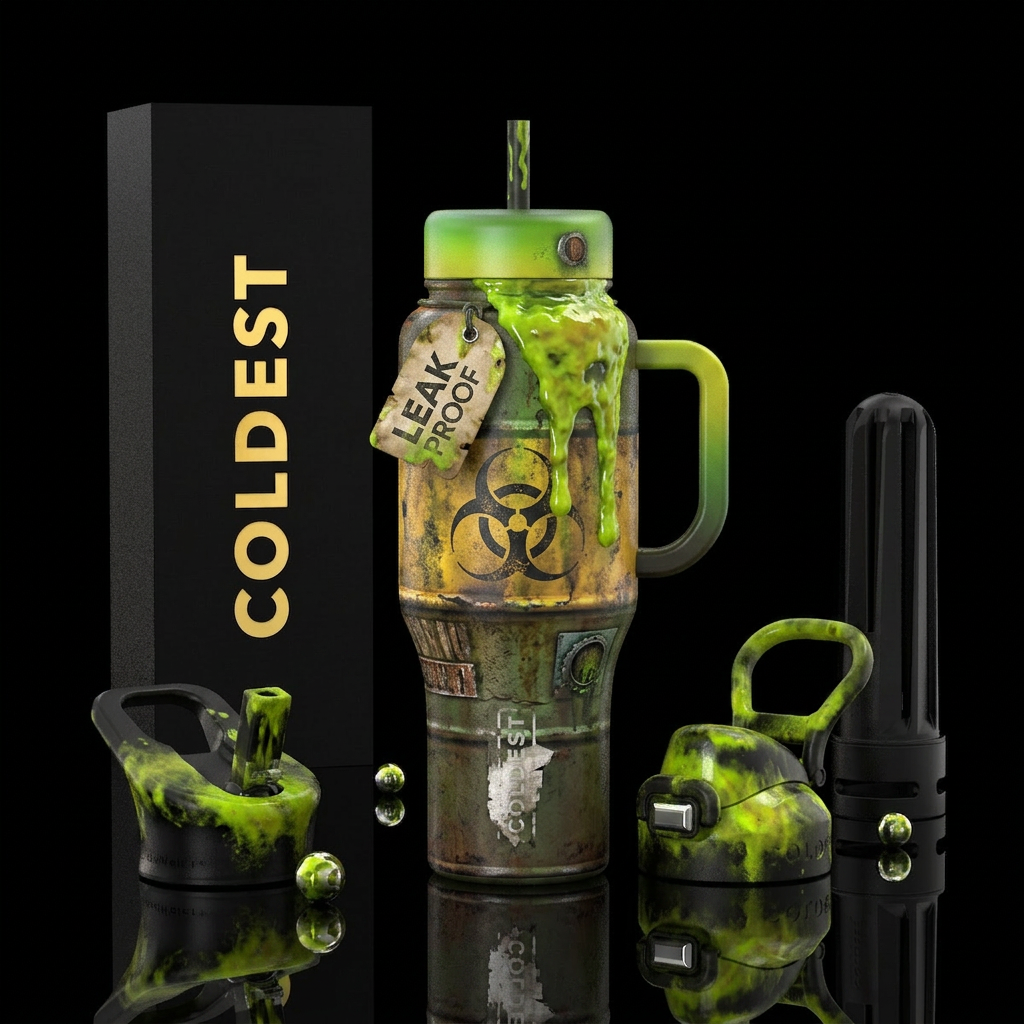 Toxic waste symbol, black barrel, green-yellow goo... water bottle design