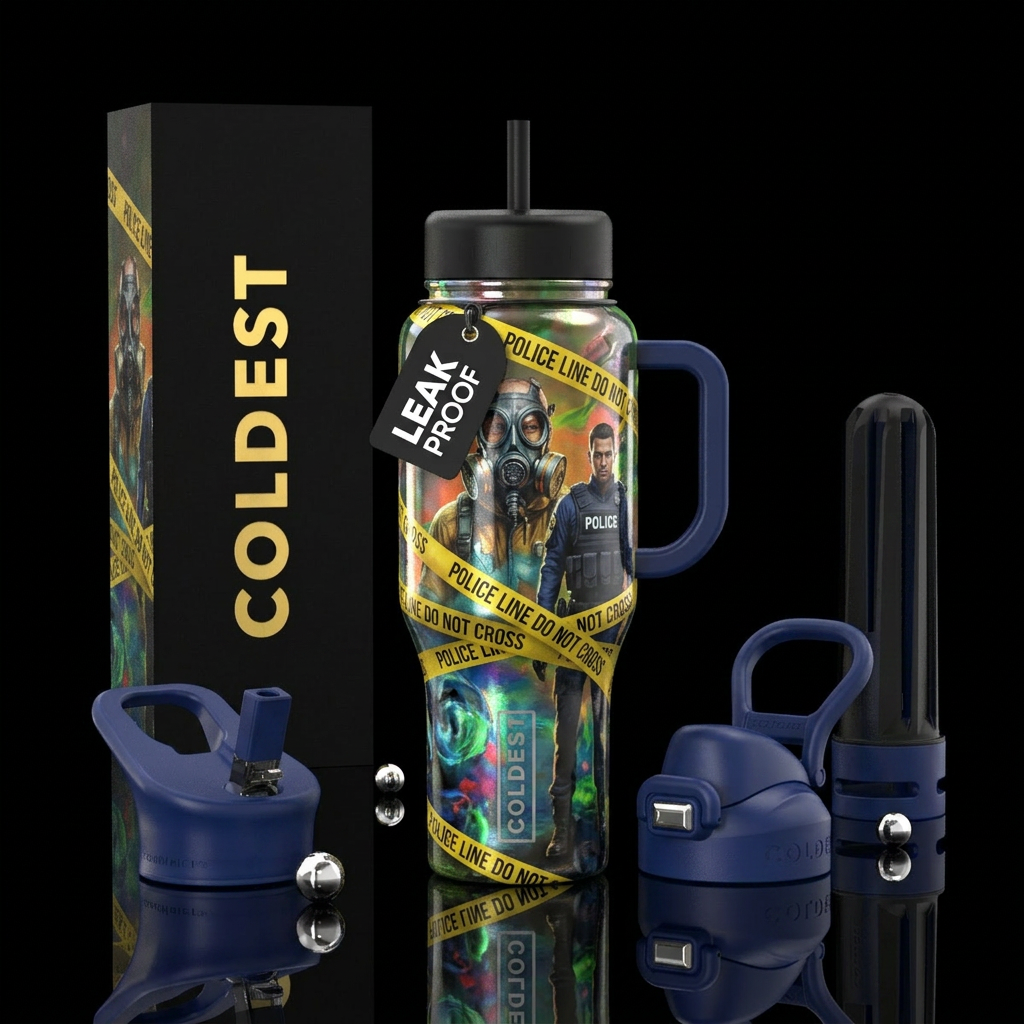 Toxic waste, man with  gas on, polîce taped up water bottle design