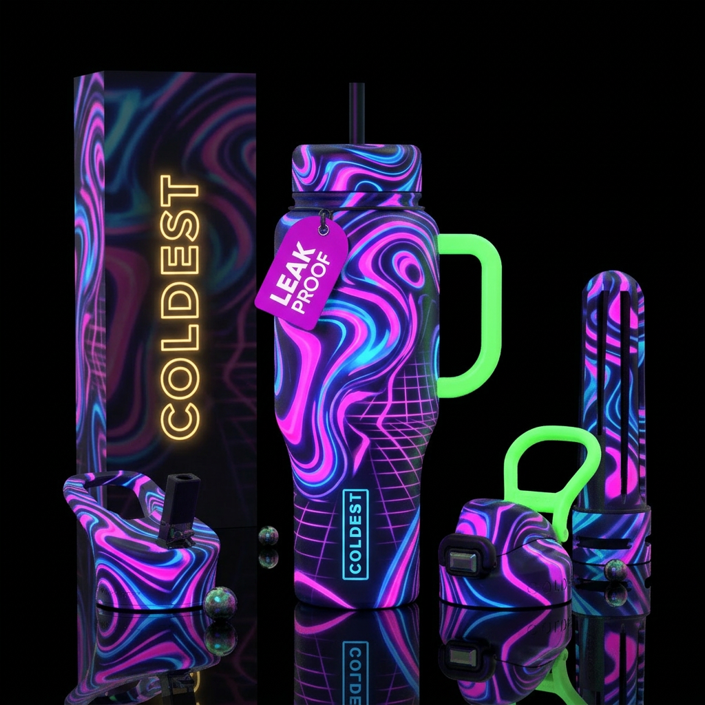retro 80s, electric, vibrant, glowie neon water bottle design