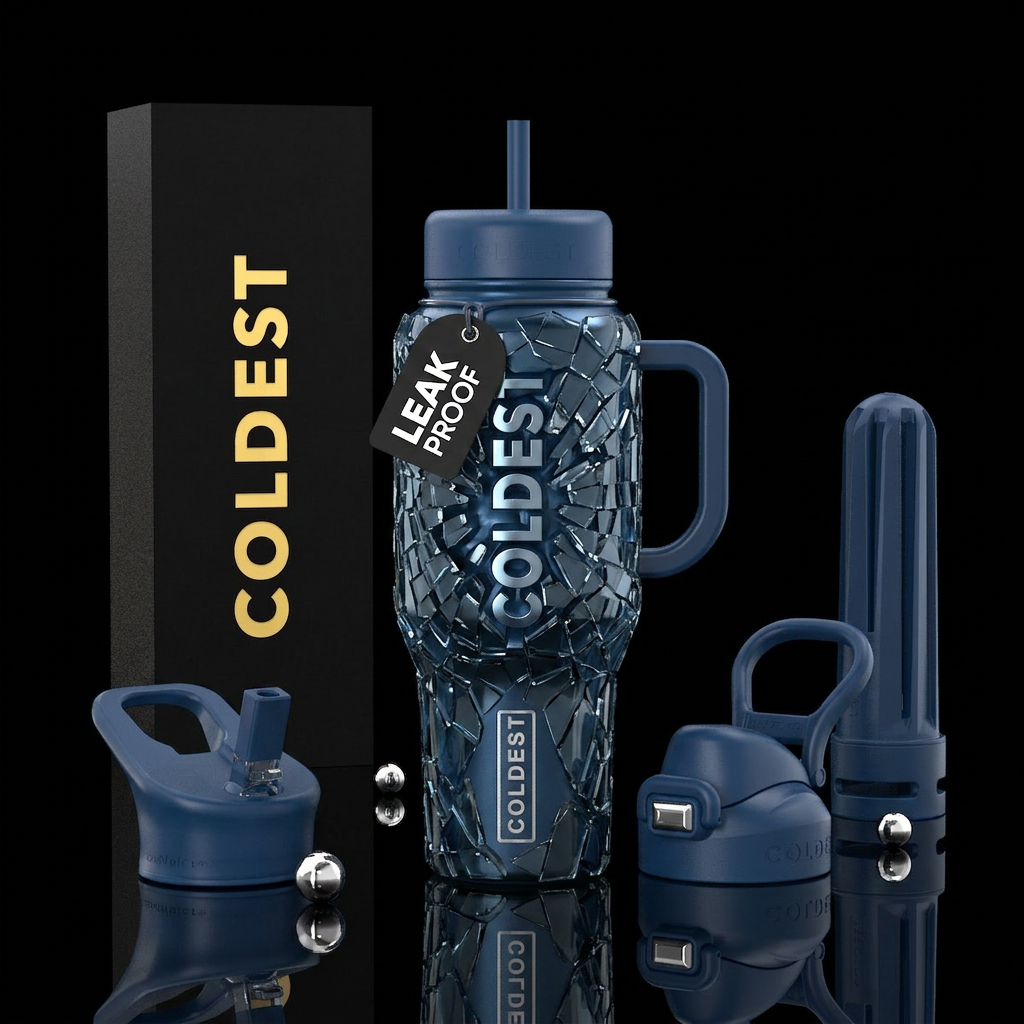 3-d, shards of glass shattering with COLDEST BUSTI... water bottle design