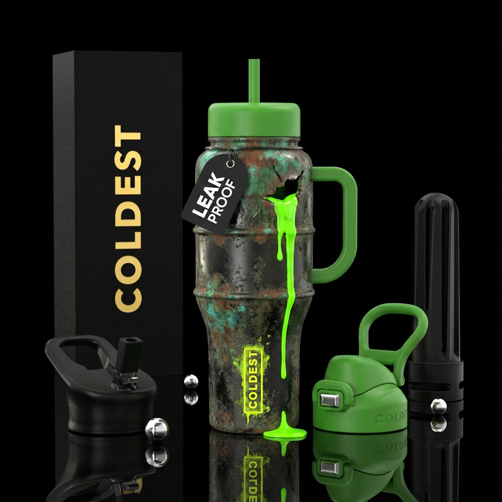 Toxic waste, neon colors, green sludge oozing out ... water bottle design