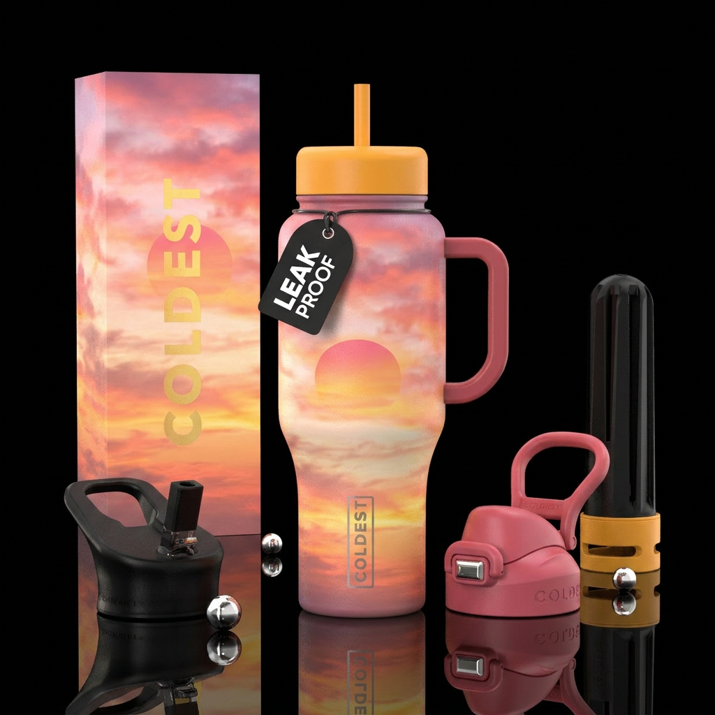 twilight, midsummer, clouds., pink orange yellow s... water bottle design