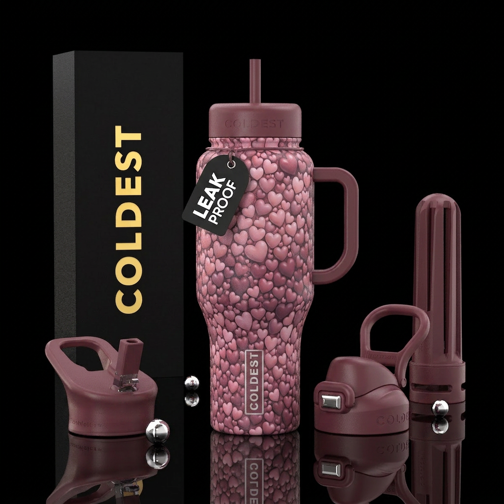 romantic, dusty pink, bubble hearts mauve, maroon water bottle design