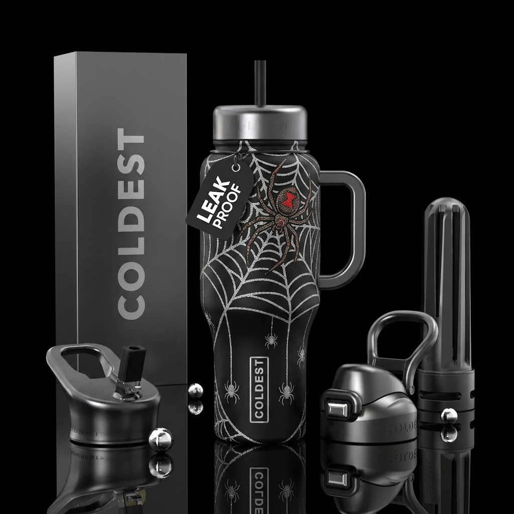 Black widow spider glitter silver web, baby spider... water bottle design