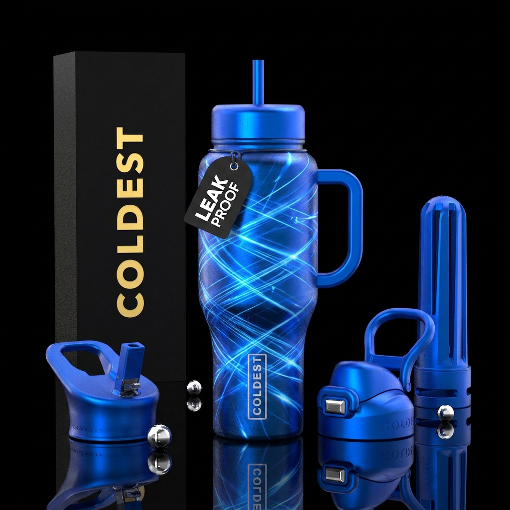 electric blue, laser water bottle design