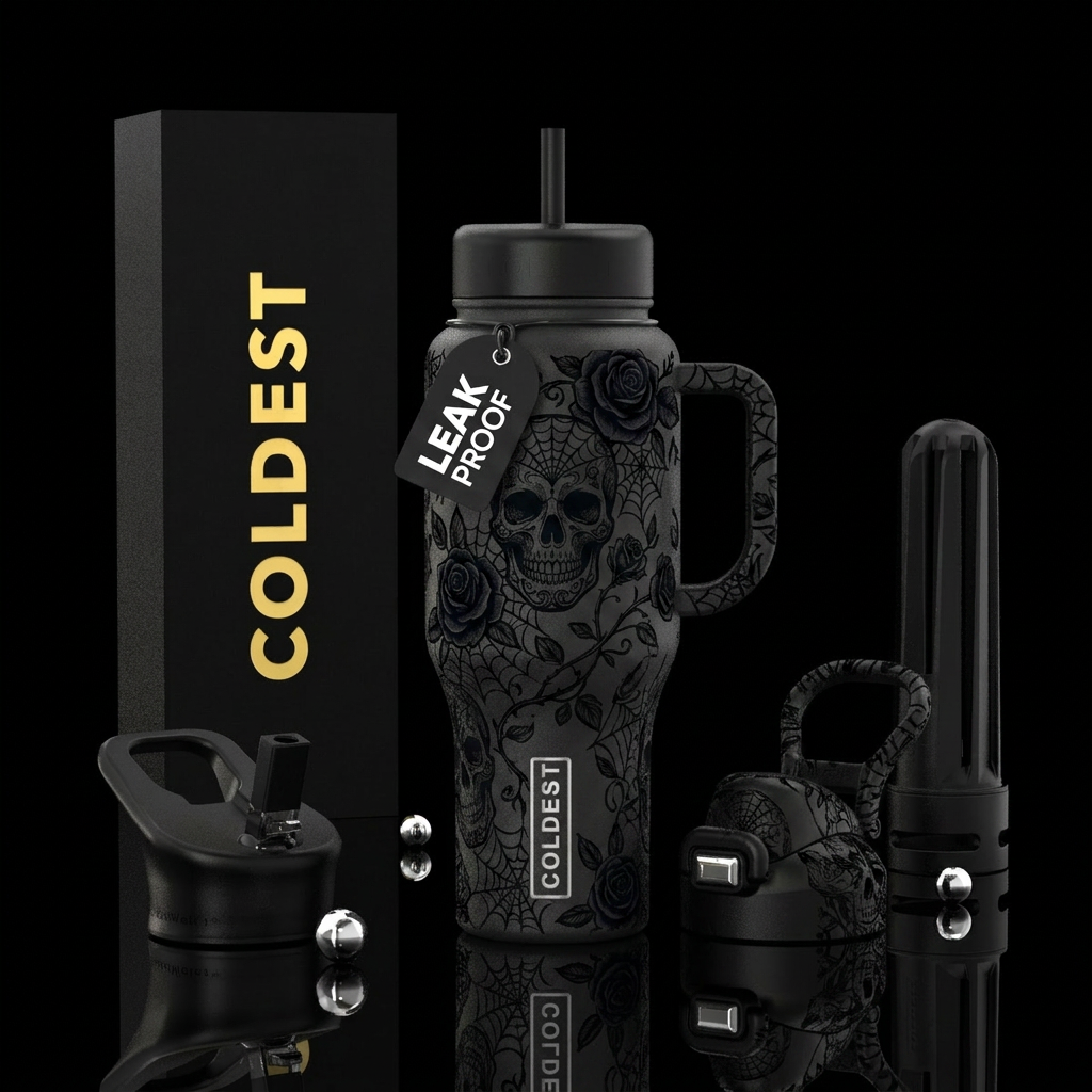 rose garden, black roses ,skull spider web romanti... water bottle design