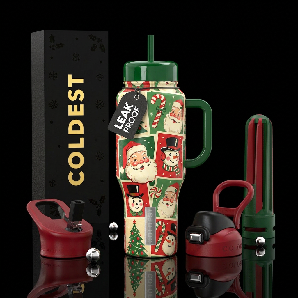 Candy canes, Christmas trees snowman Santa 50s sty... water bottle design