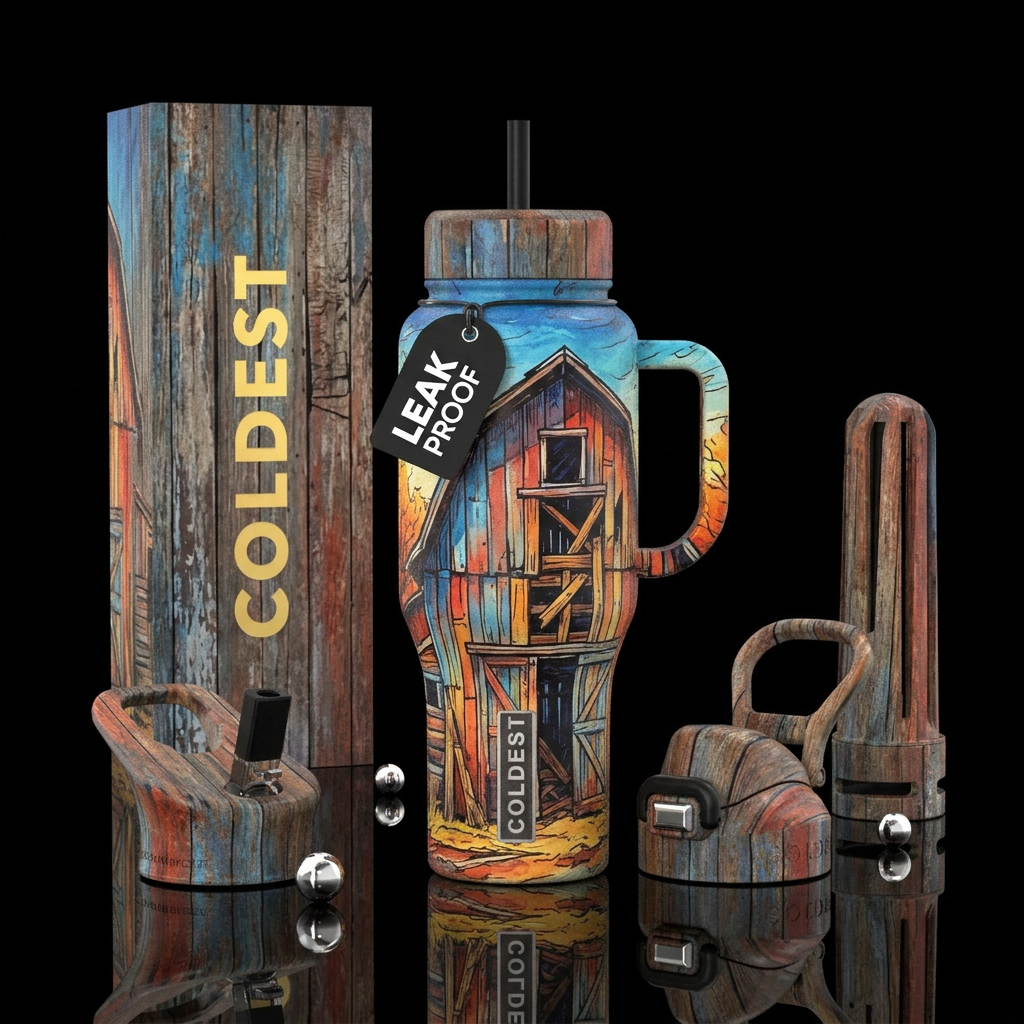 hand drawn, rugged, rustic dilapidated, barn water bottle design