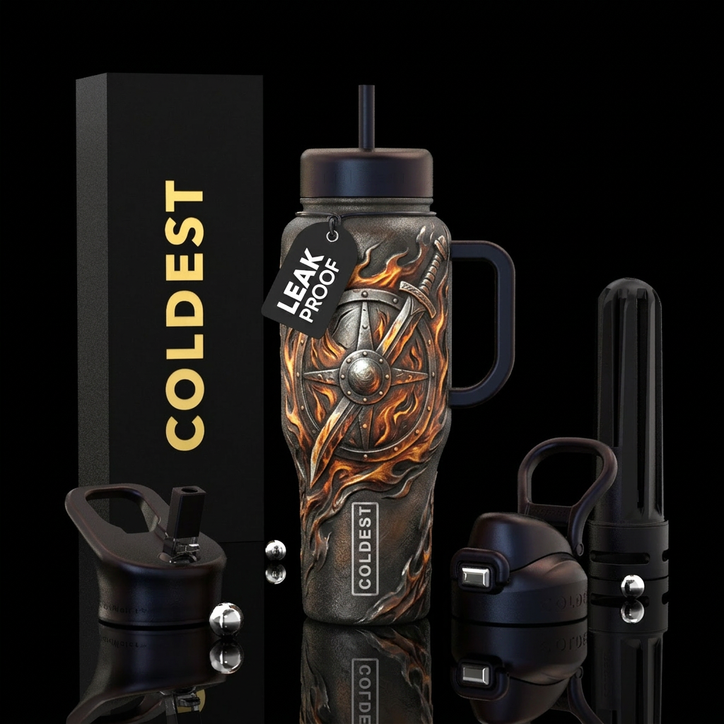 Steel fire Viking shield sword water bottle design