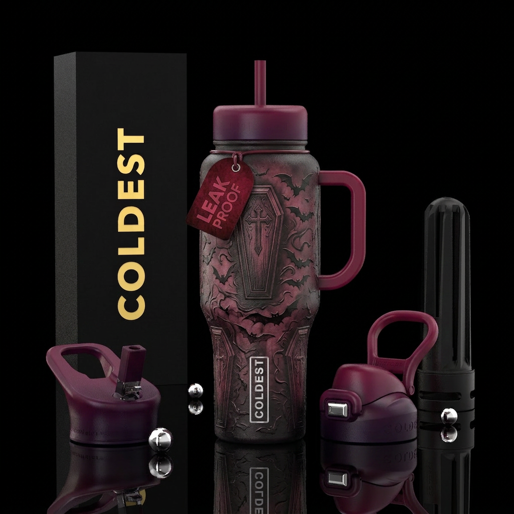 Dracula coffin bats creepy water bottle design