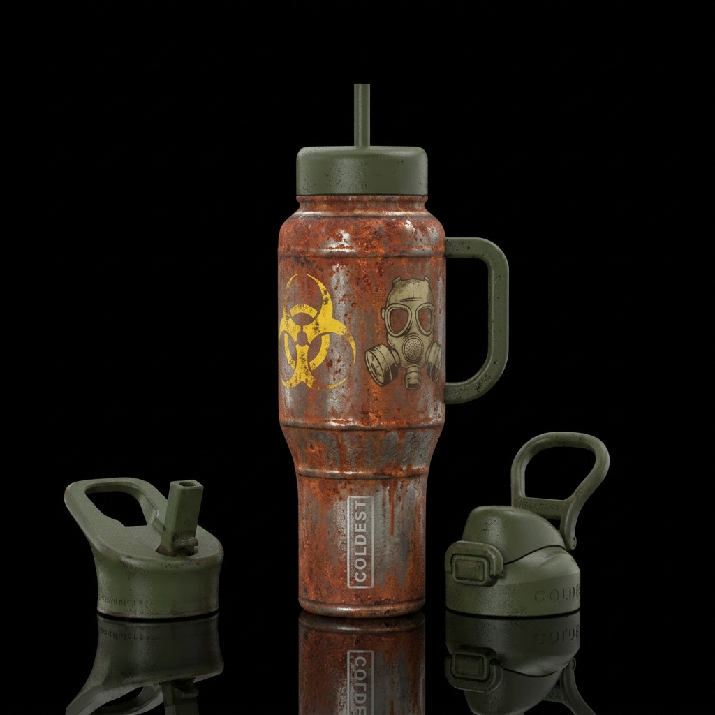 Bio hazard symbol, gas mask, rusty weathered barre... water bottle design