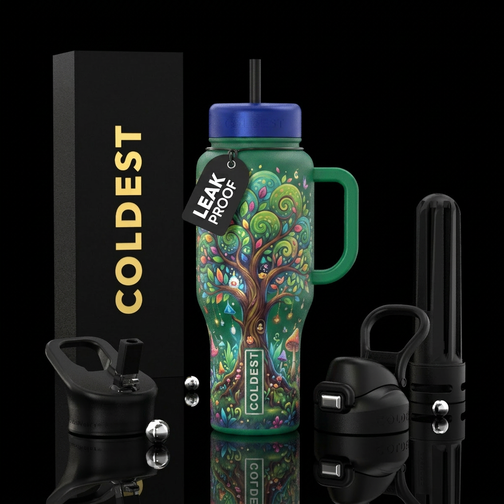 whimsical, trees, happy mood, fantasy, water bottle design