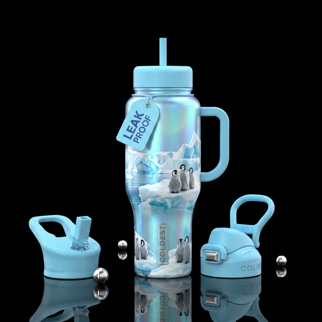 arctic, ice berg baby penguins, ice blue water bottle design