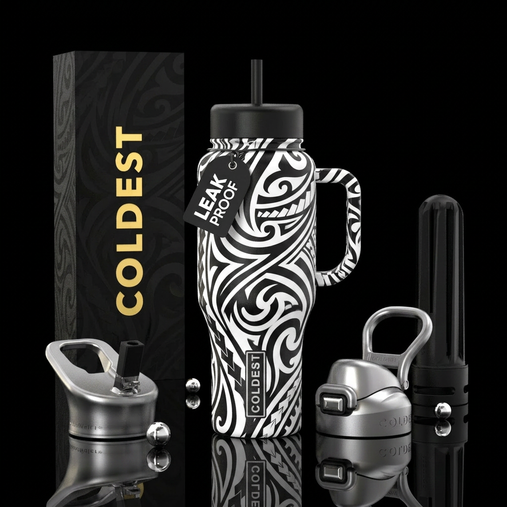 Tribal tattoo, black, white 90s style water bottle design