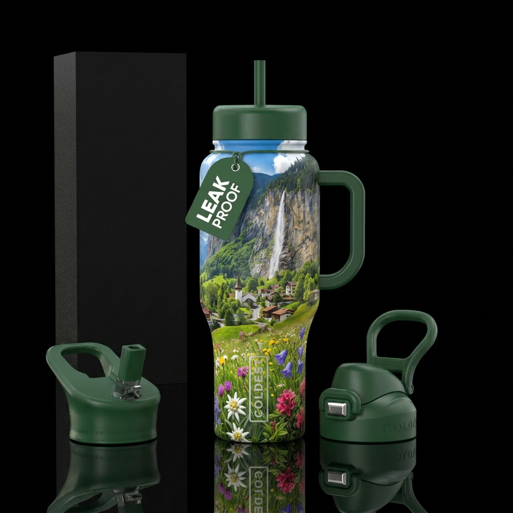Swiss mountain village in spring, waterfall, wildf... water bottle design