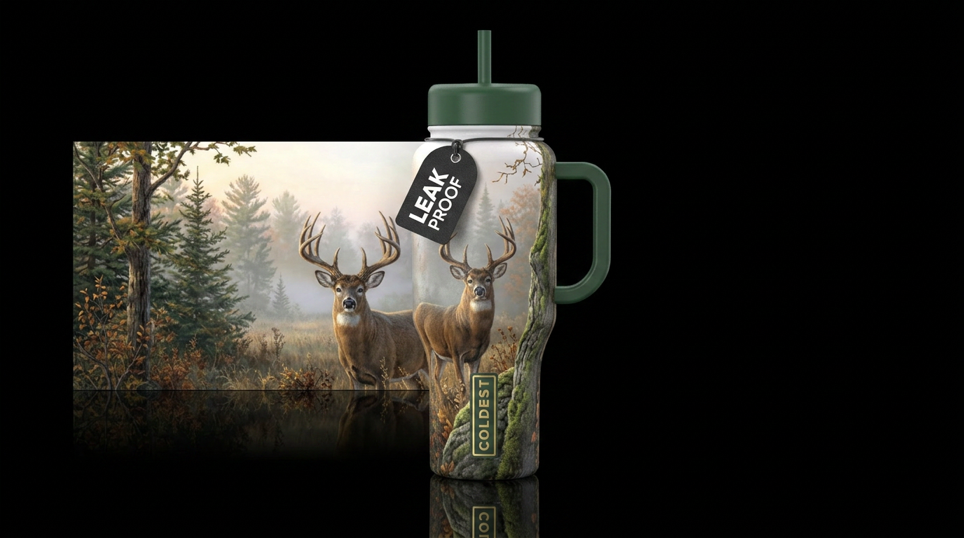 Foggy meadow, large buck, woodsy, textured, realis... water bottle design