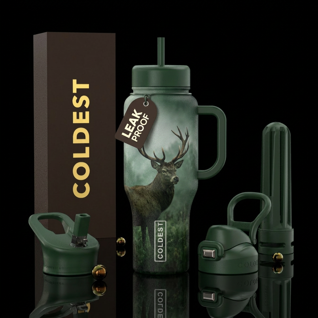 Foggy meadow, large buck, woodsy, textured, realis... water bottle design