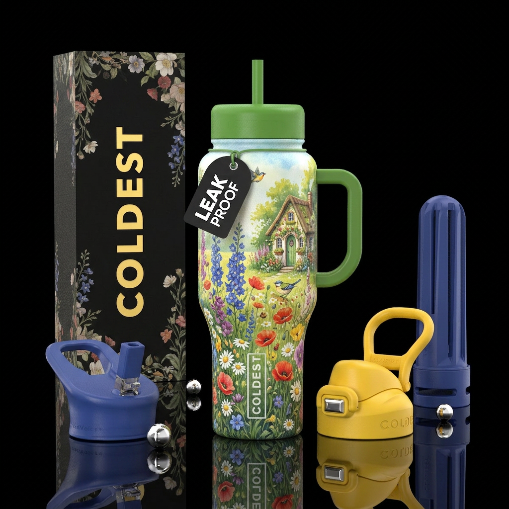 Sunny meadow, wildflowers, whimsical garden cottag... water bottle design