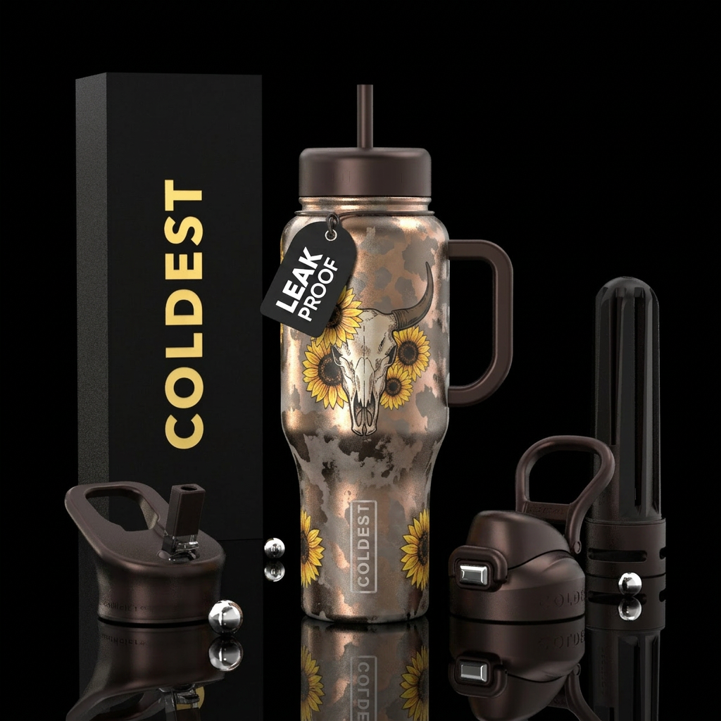 Bull skull, country boho, sunflowers, bronze, meta... water bottle design
