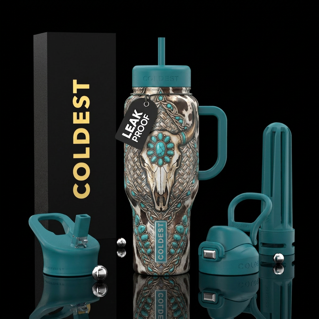 Country boho, bull skull, turquoise, metallic, cow... water bottle design