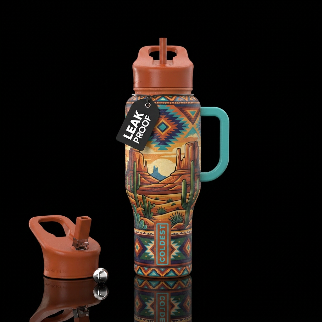 Southwestern, desert, rock formations, cacti, turq... water bottle design