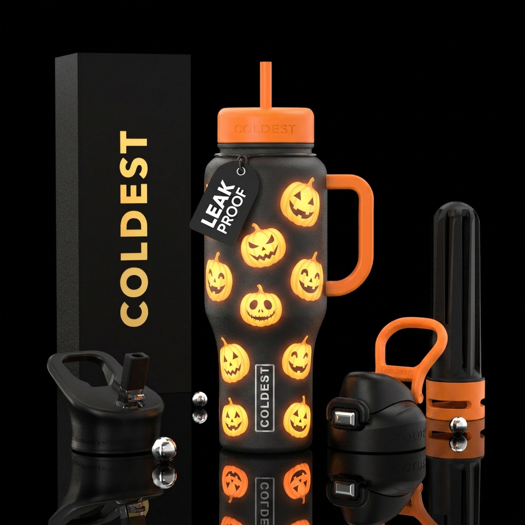 Glow in the dark pumpkins water bottle design