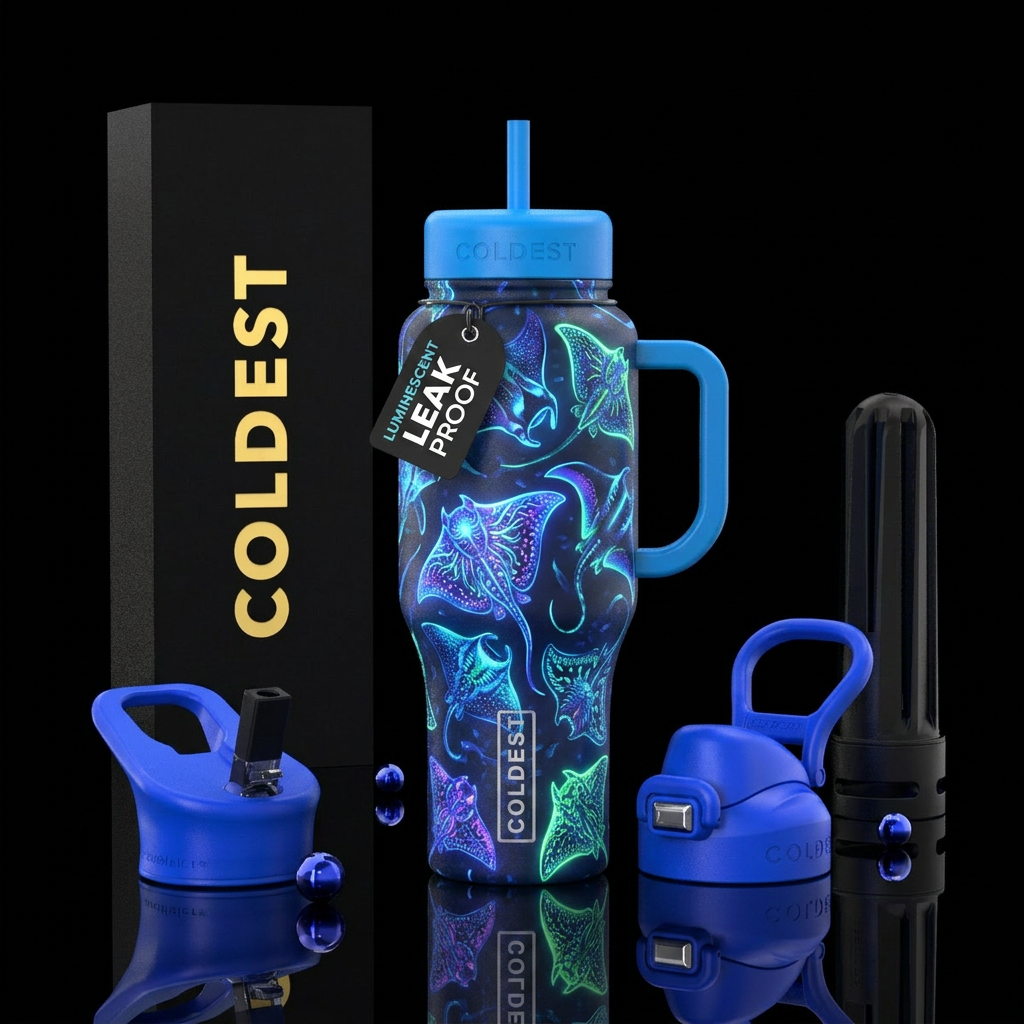 glowing sting rays, devil rays and manta rays water bottle design