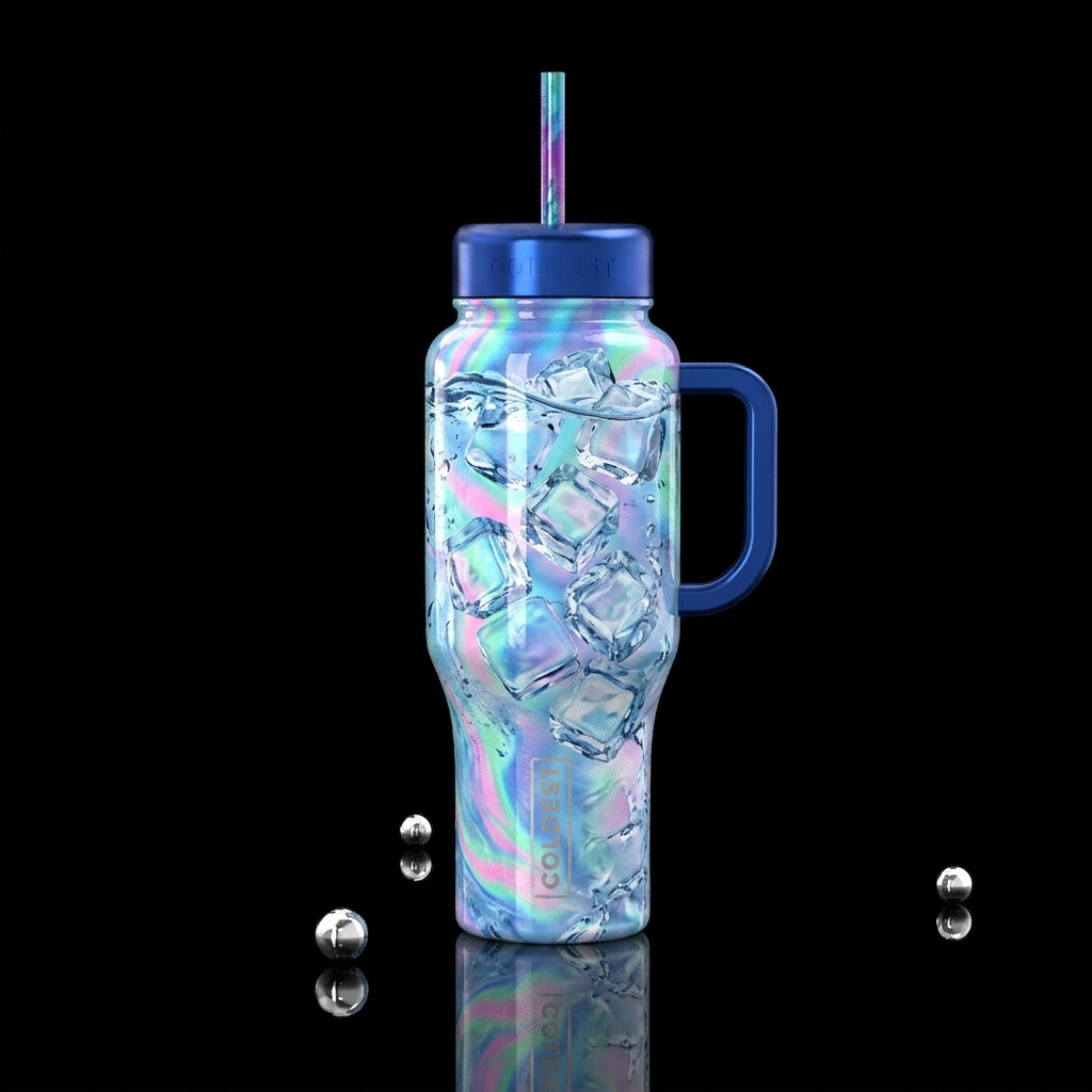 Ice cubes, water, at straw with iridescent coating... water bottle design