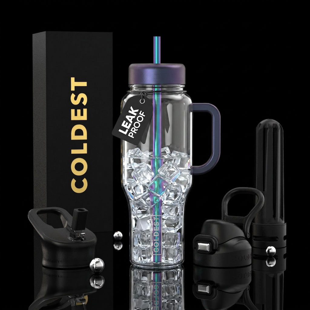 Ice cubes, water, at straw with iridescent coating... water bottle design