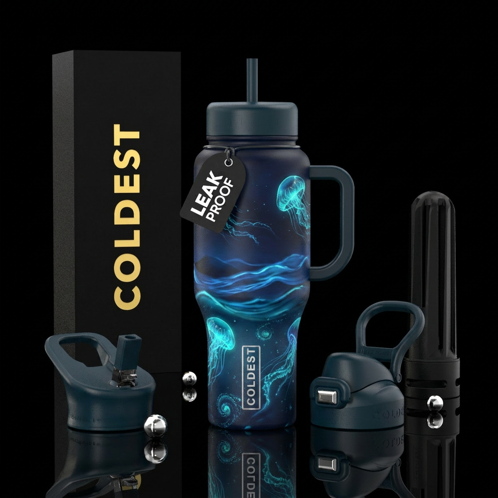 “Bioluminescent Beach” Night-ocean glow concept. F... water bottle design