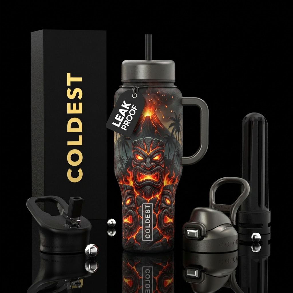 “Tiki Inferno” Dark tropical fire theme. Features:... water bottle design