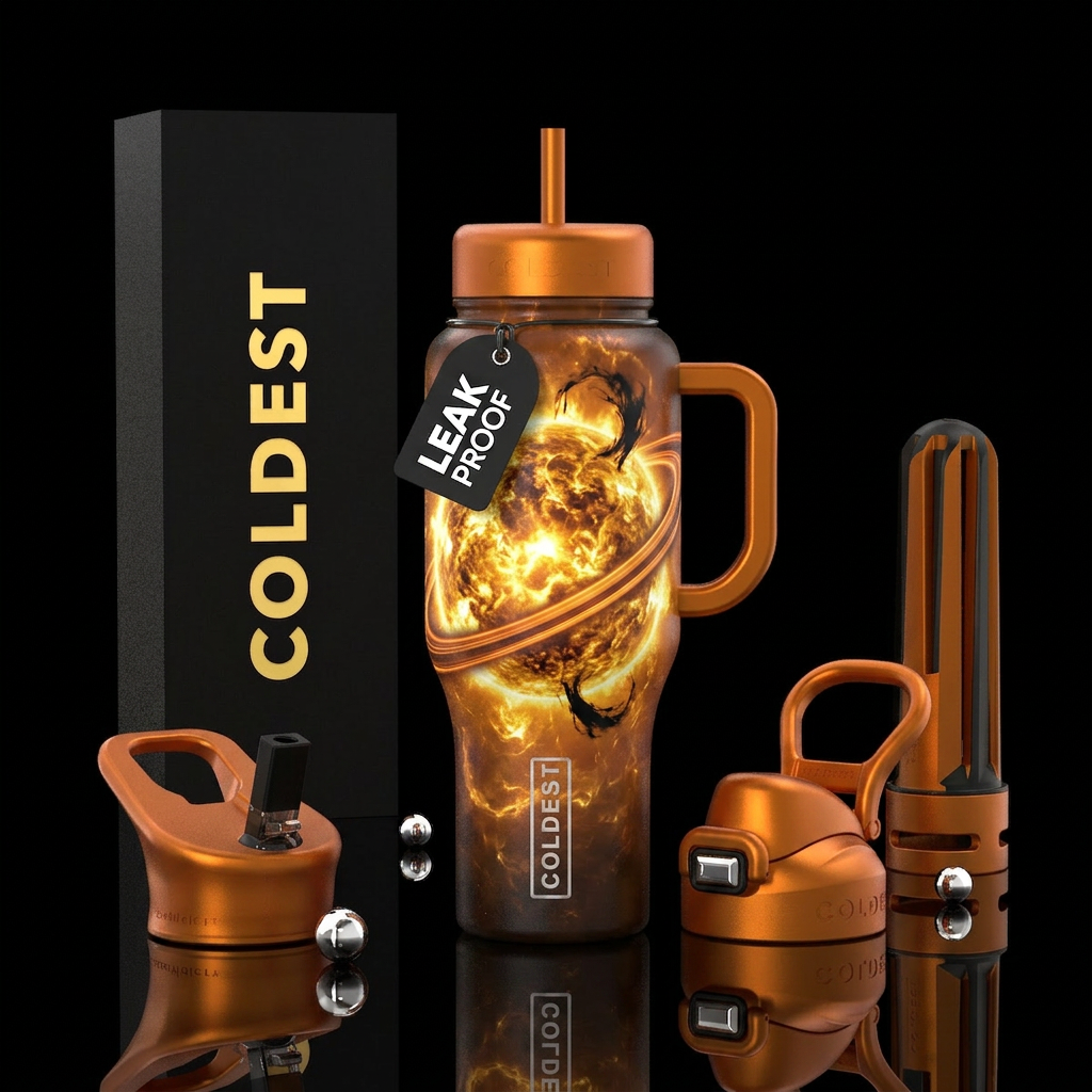 “SOLARIS” A heavenly sun-core tumbler. Visual Desi... water bottle design