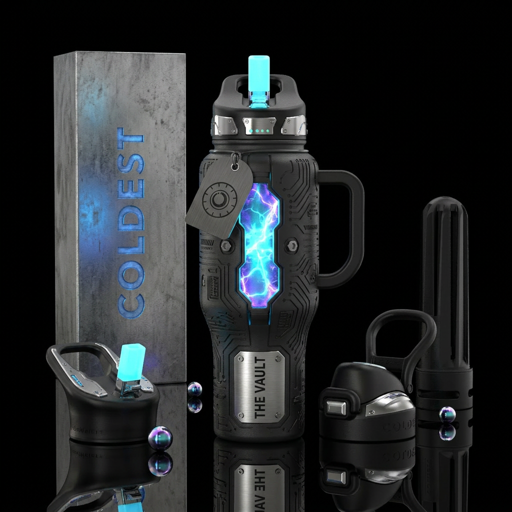 “THE VAULT” A futuristic luxury vault-core aesthet... water bottle design