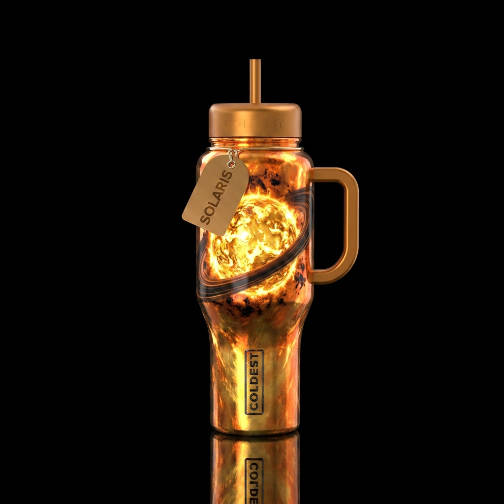 “SOLARIS” A heavenly sun-core tumbler. Visual Desi... water bottle design
