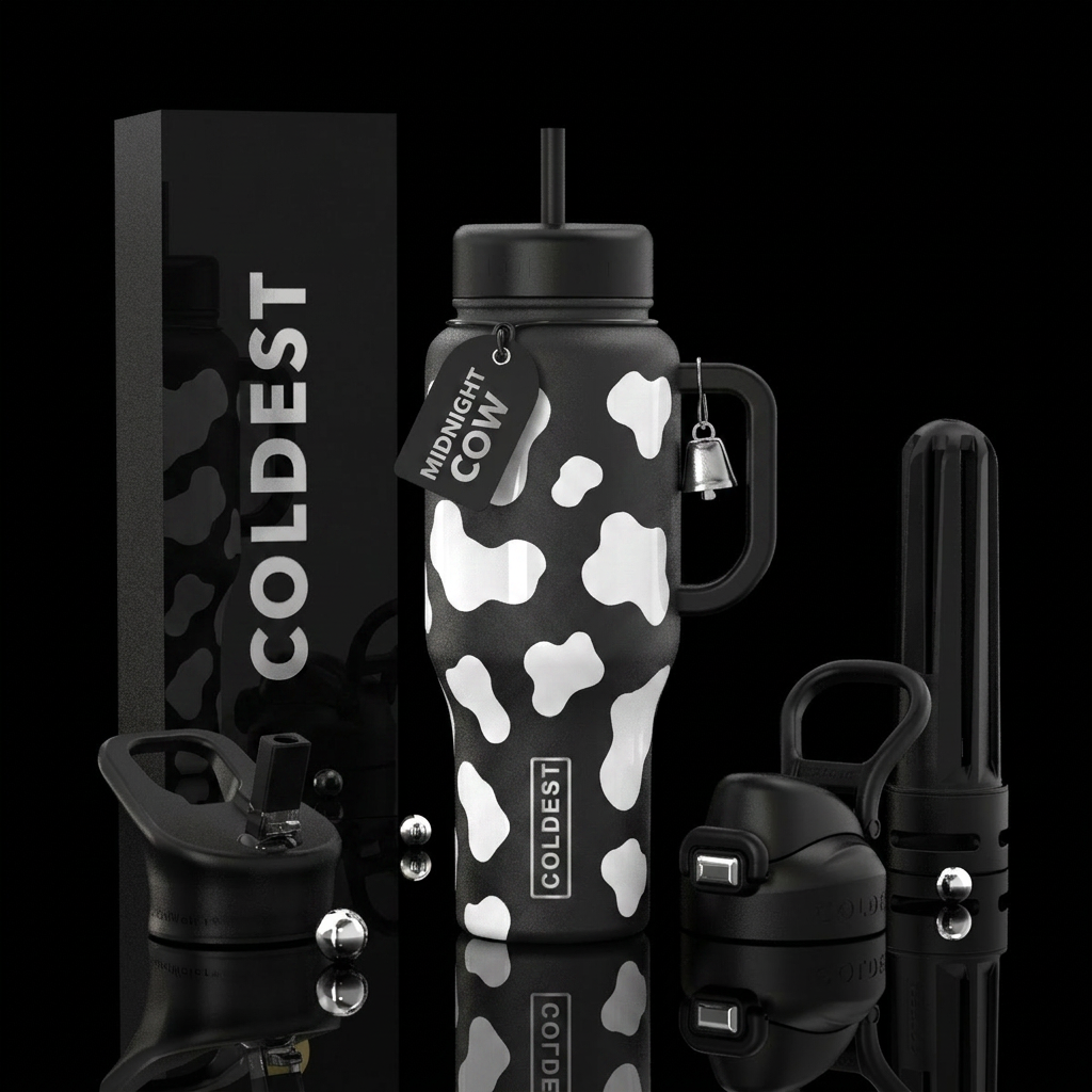 Baby cow pattern   “Midnight Cow” Matte black bott... water bottle design