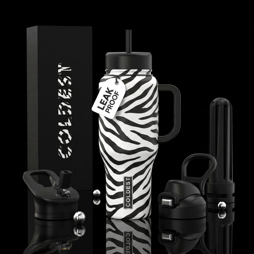 Classic Wild Zebra White base with bold black zebr... water bottle design