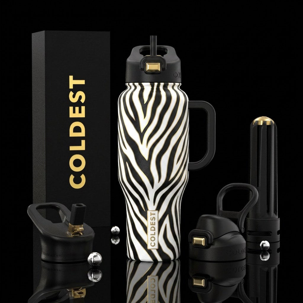 Gold Safari Zebra White and black zebra pattern wi... water bottle design
