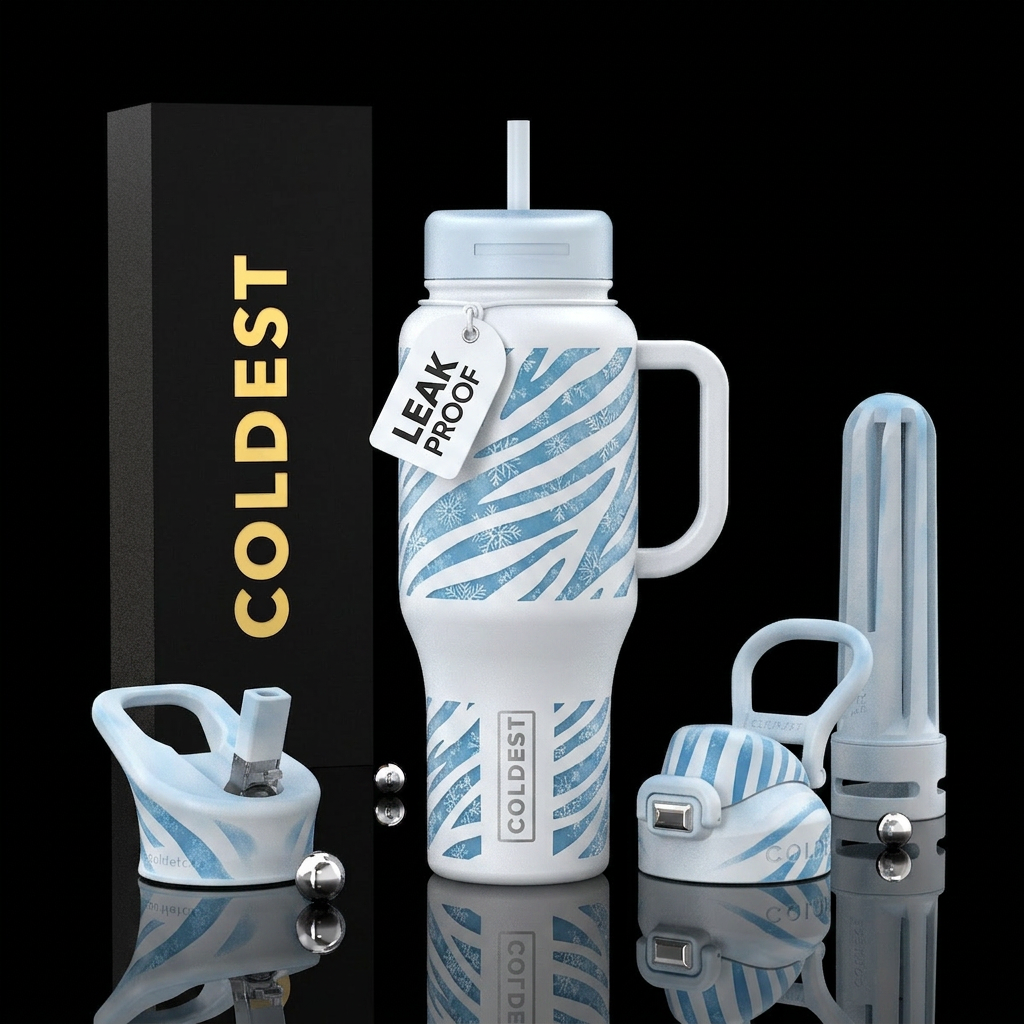 Zebra Ice White frosted base with icy blue zebra s... water bottle design