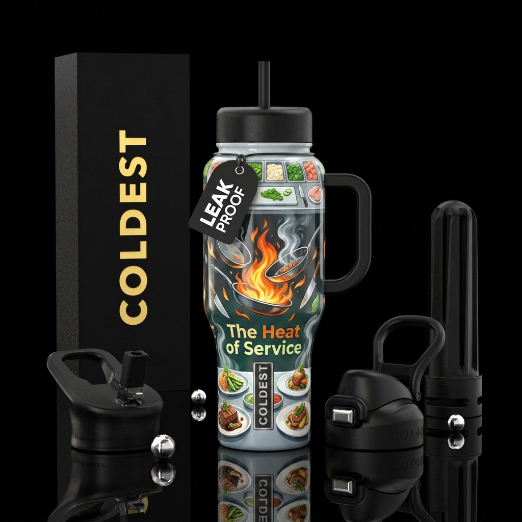 "The Heat of Service" A wraparound design showing:... water bottle design